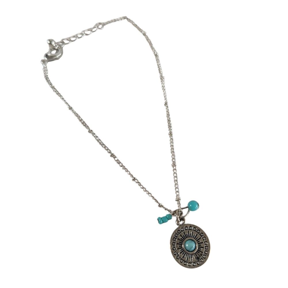Southwestern Anklet Silver Turquoise Medallion Beads 9.5" Bohemian Festival